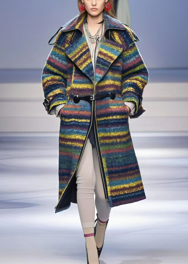 Multicolor Oversized Striped Woolen Trench Fall