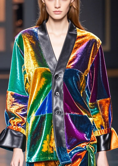 Multicolou V Neck Patchwork Silk Velour Coats Spring