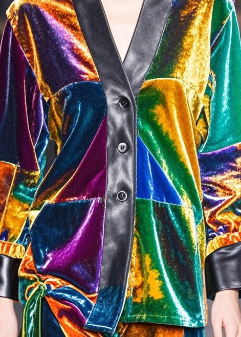 Multicolou V Neck Patchwork Silk Velour Coats Spring