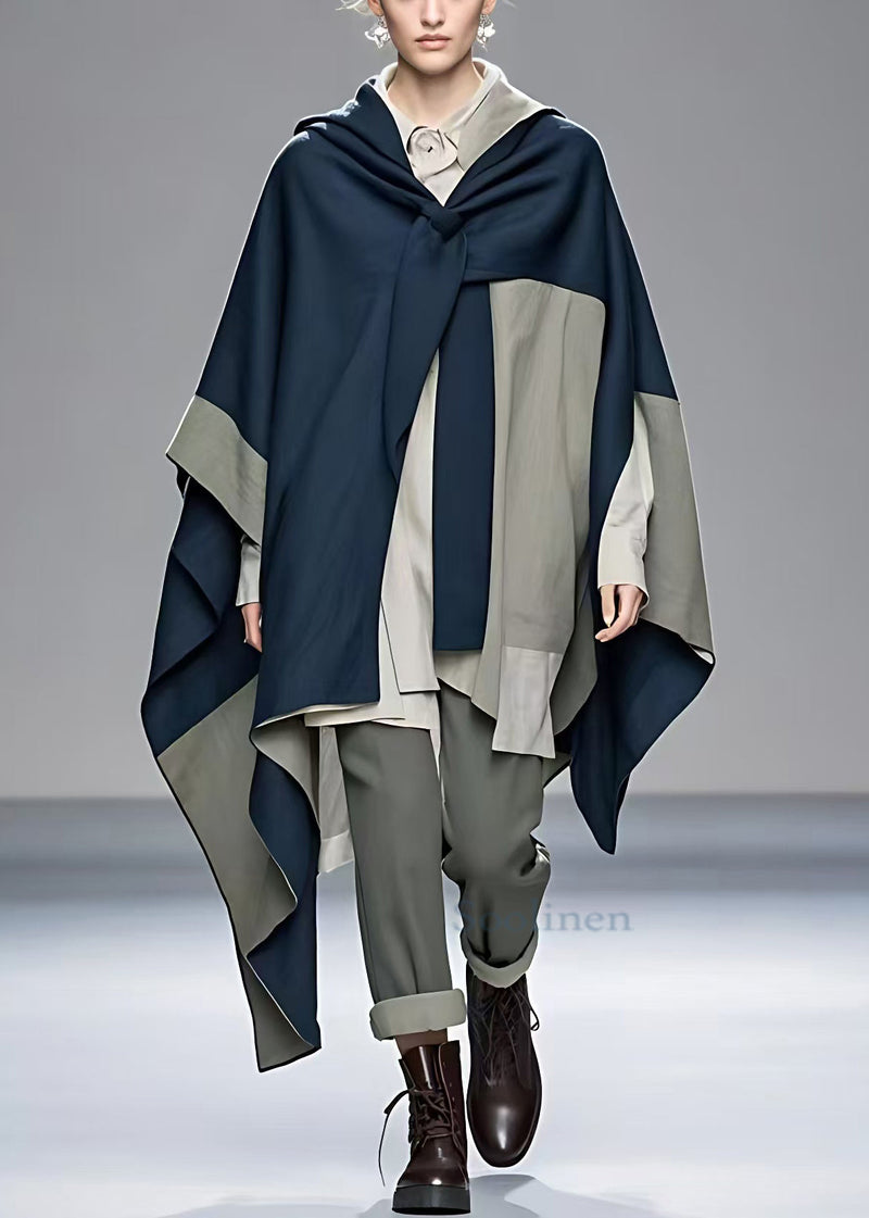 Navy Asymmetrical Patchwork Cotton Coat Fall
