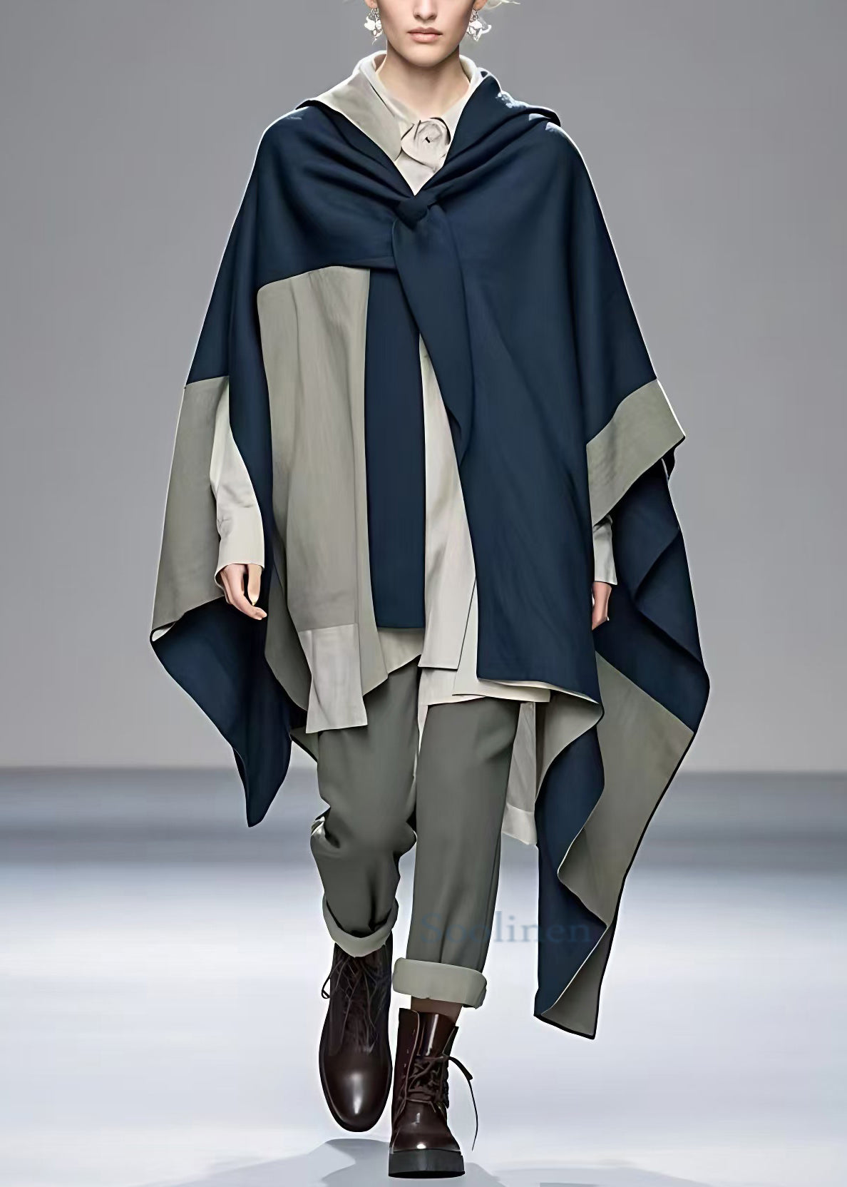 Navy Asymmetrical Patchwork Cotton Coat Fall