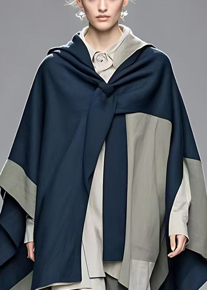 Navy Asymmetrical Patchwork Cotton Coat Fall