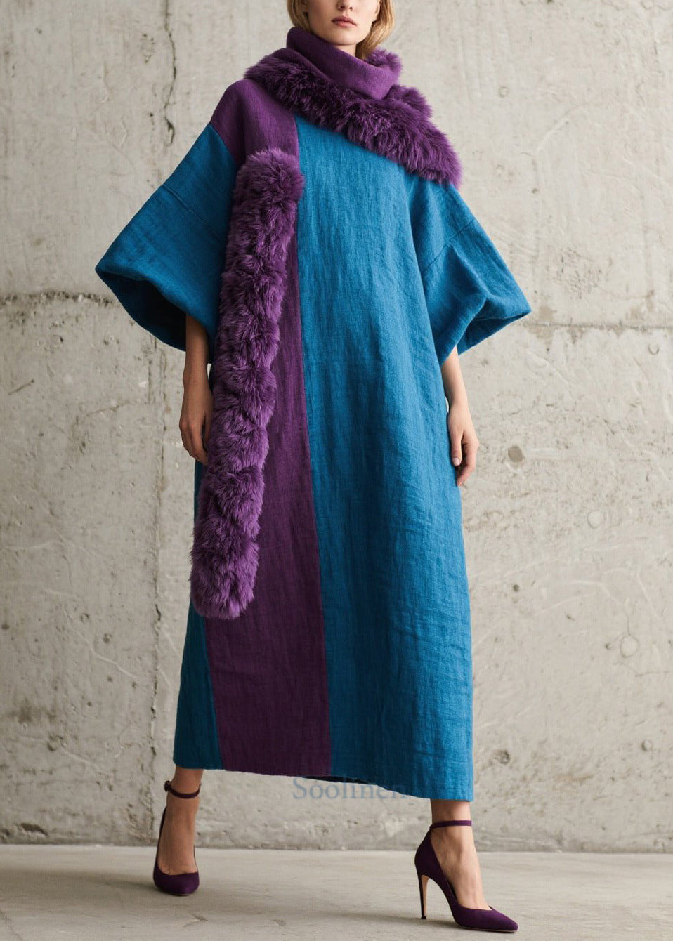 Navy Asymmetrical Patchwork Faux Fur Ankle Dress Lantern Sleeve
