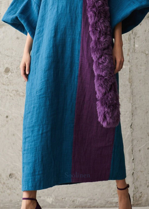 Navy Asymmetrical Patchwork Faux Fur Ankle Dress Lantern Sleeve