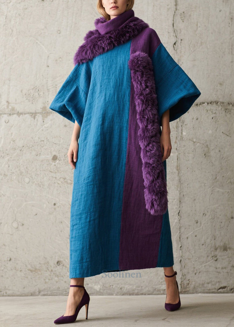 Navy Asymmetrical Patchwork Faux Fur Ankle Dress Lantern Sleeve