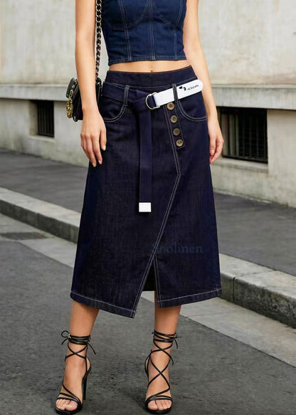 Navy Asymmetrical Side Open Denim Skirt Summer