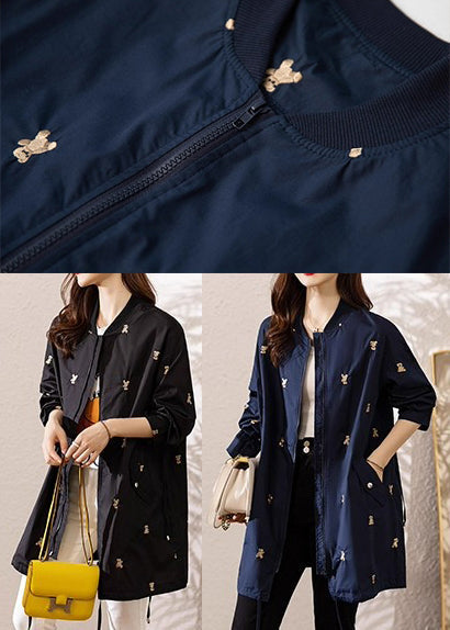 Navy Bear Embroidered Spandex Trench Coats Fall