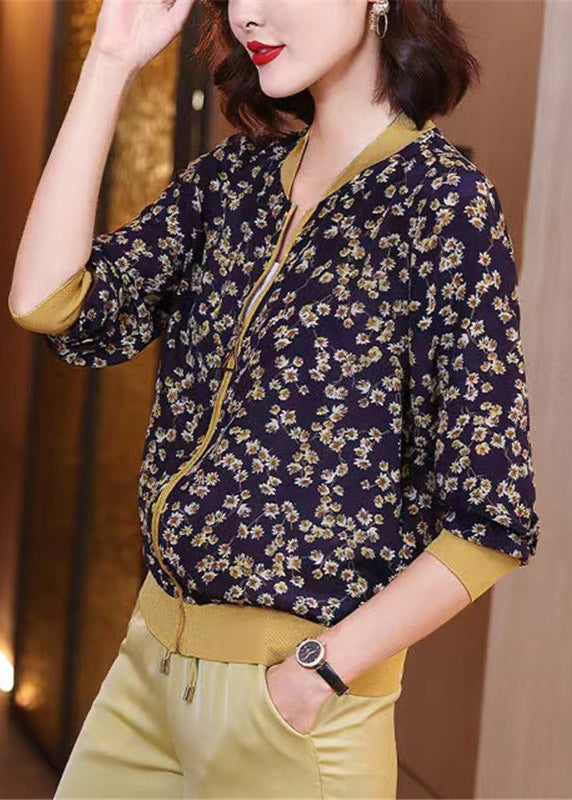 Navy Blue Print Zippere Chiffon Sunscreen Coat Long Sleeve