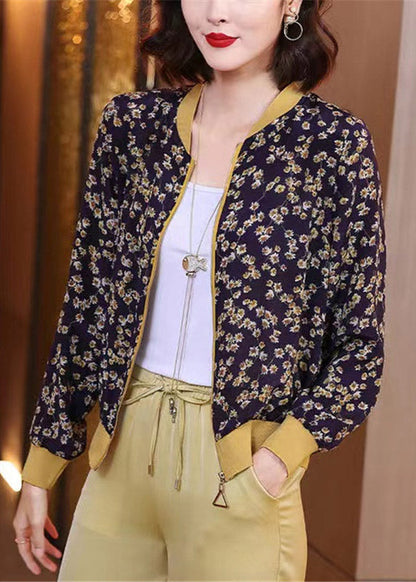 Navy Blue Print Zippere Chiffon Sunscreen Coat Long Sleeve