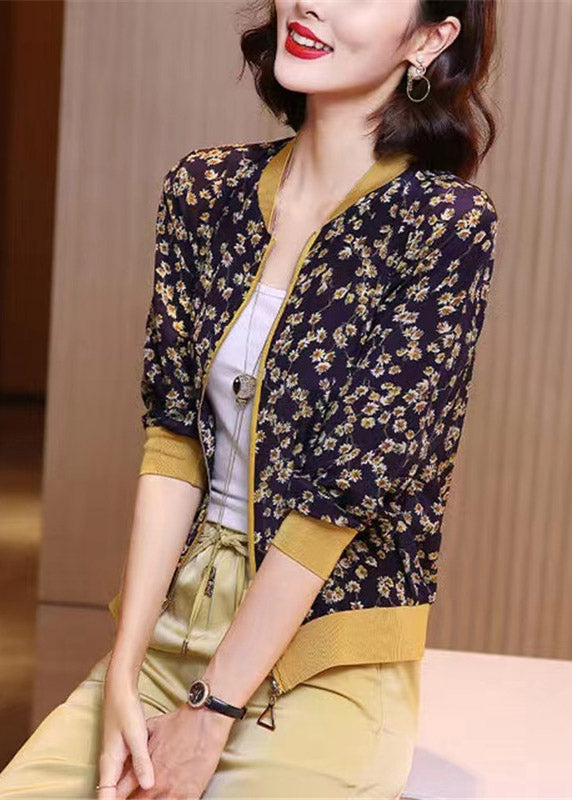 Navy Blue Print Zippere Chiffon Sunscreen Coat Long Sleeve