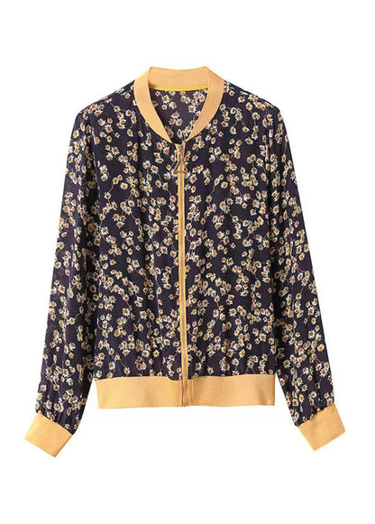 Navy Blue Print Zippere Chiffon Sunscreen Coat Long Sleeve