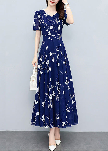 Navy Blue V Neck Print Slim Chiffon Maxi Dresses Summer