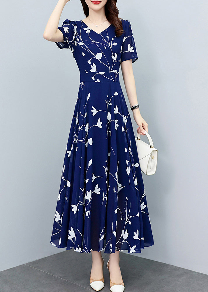 Navy Blue V Neck Print Slim Chiffon Maxi Dresses Summer