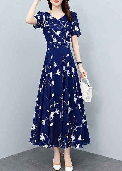 Navy Blue V Neck Print Slim Chiffon Maxi Dresses Summer