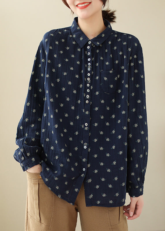 Navy Button Print Cotton Shirts Long Sleeve