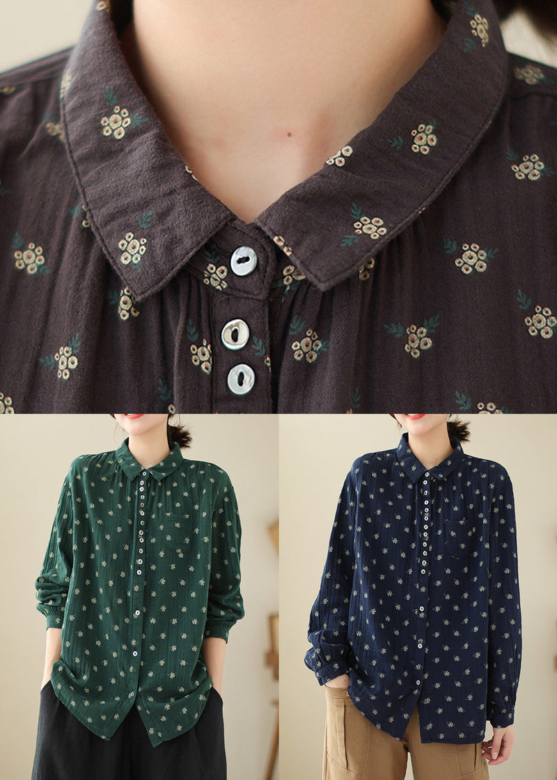 Navy Button Print Cotton Shirts Long Sleeve