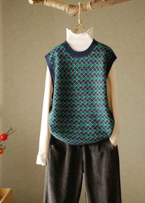 Navy O-neck Plaid Knitted Cotton Thread Waistcoat Fall