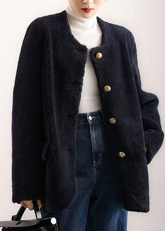 Navy O Neck Pockets Button Patchwork Wool Coat Winter