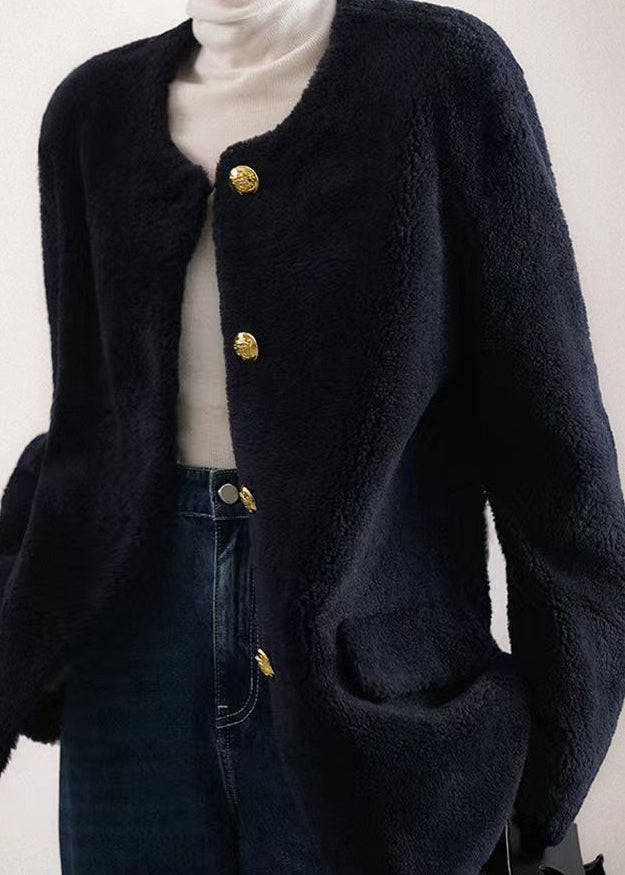 Navy O Neck Pockets Button Patchwork Wool Coat Winter