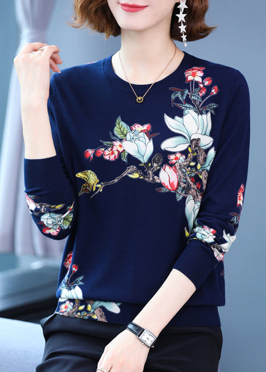 Navy O Neck Print Loose Woolen Knit Top Spring