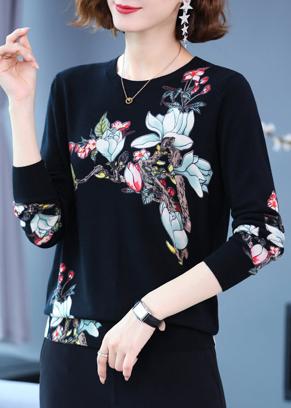 Navy O Neck Print Loose Woolen Knit Top Spring