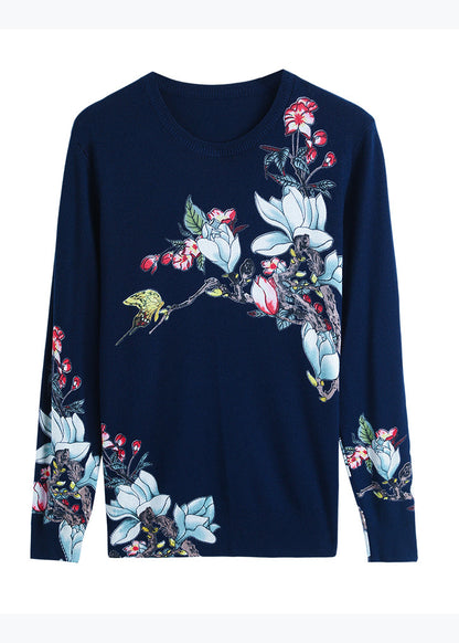 Navy O Neck Print Loose Woolen Knit Top Spring