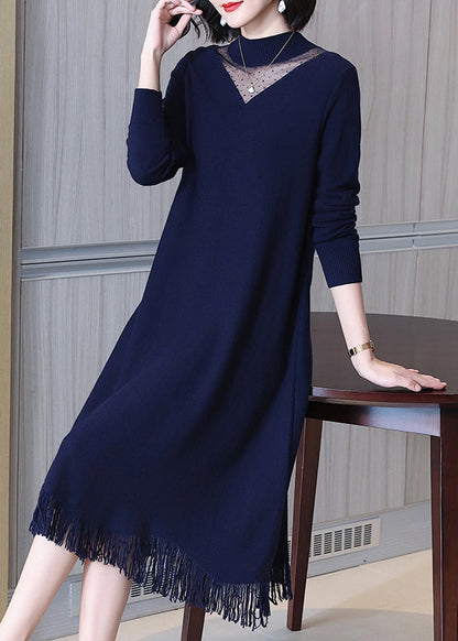 Navy O-neck Tasseled Wool Knit Dress Long Sleeve