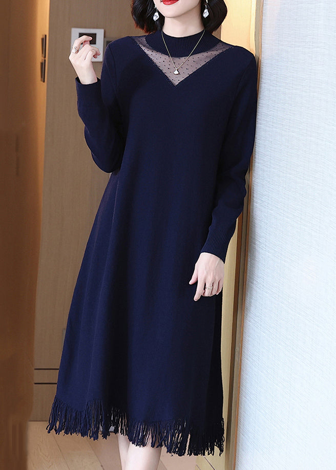 Navy O-neck Tasseled Wool Knit Dress Long Sleeve