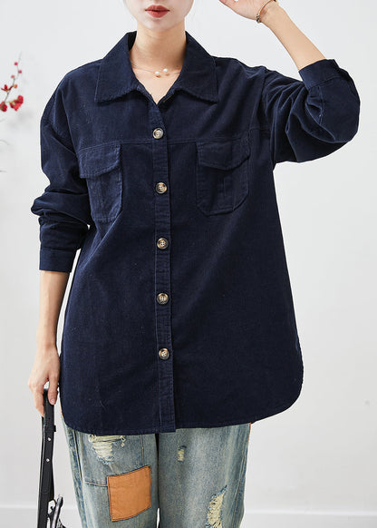 Navy Oversized Pockets Corduroy Coats Fall