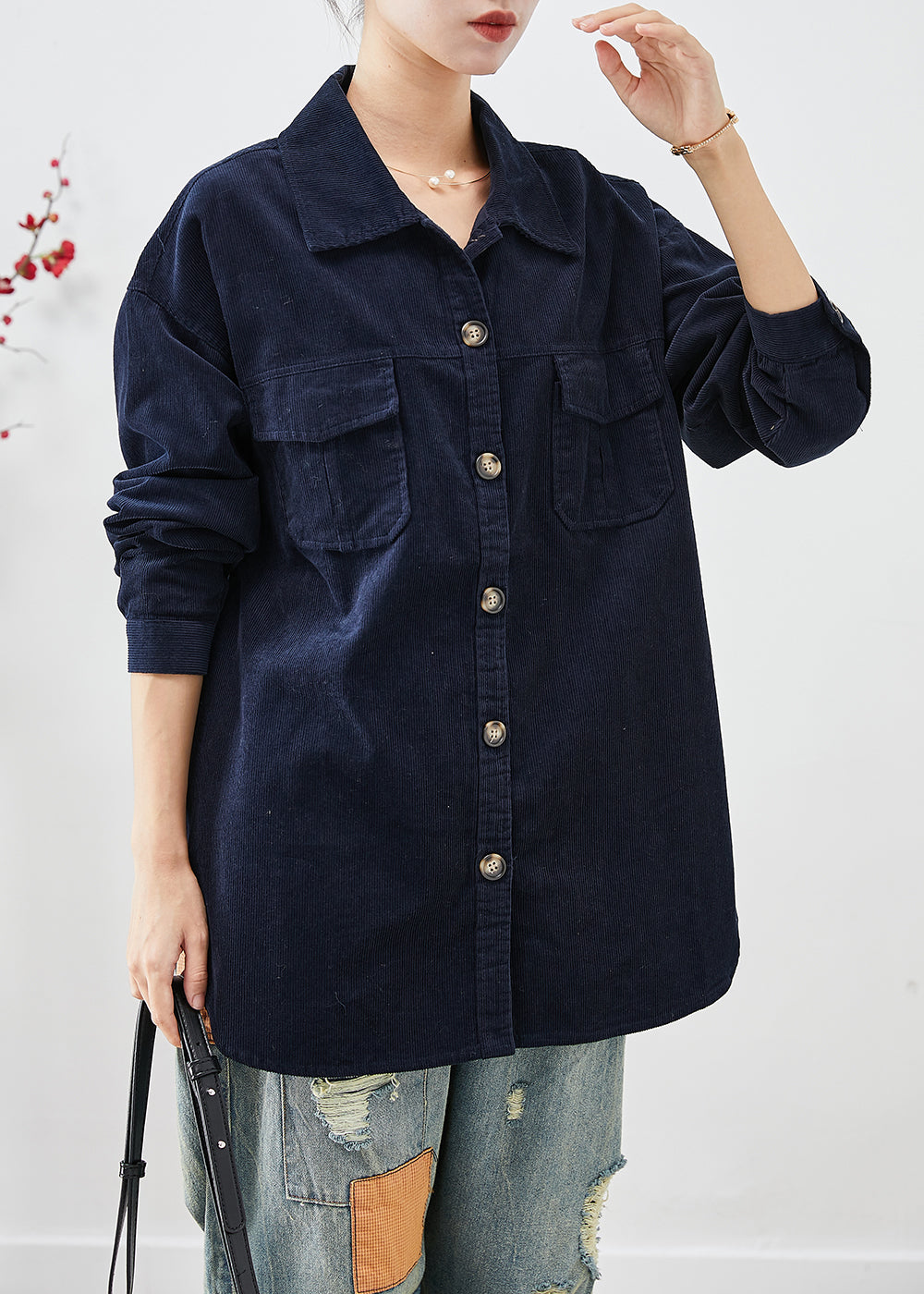 Navy Oversized Pockets Corduroy Coats Fall