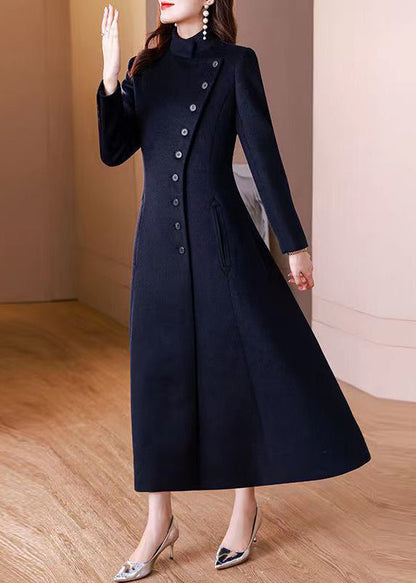 Navy Peter Pan Collar Button Woolen Long Coat Winter