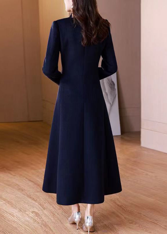 Navy Peter Pan Collar Button Woolen Long Coat Winter