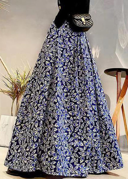 Navy Print Elastic Waist Patchwork Cotton Maxi Skirts Fall