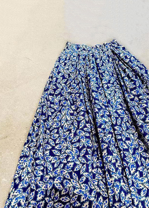 Navy Print Elastic Waist Patchwork Cotton Maxi Skirts Fall