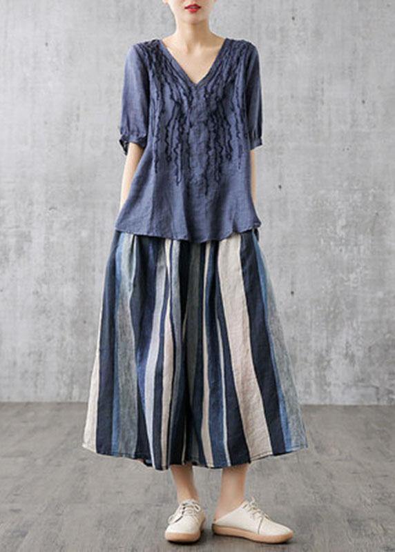 Navy Retro Striped a Line Summer Skirts Linen