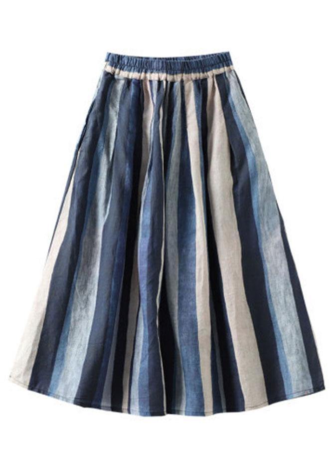 Navy Retro Striped a Line Summer Skirts Linen