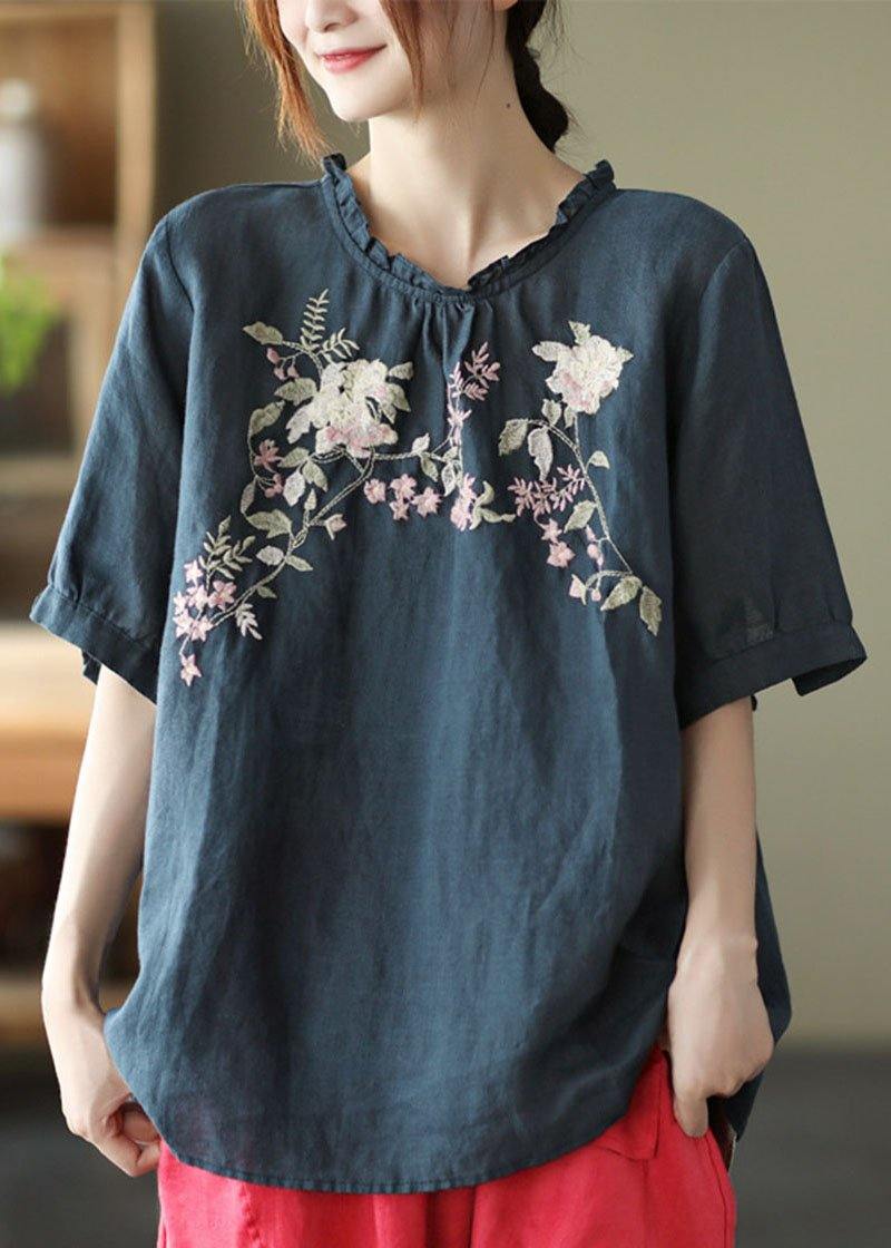 Navy Ruffled Embroideried Summer Linen Shirt