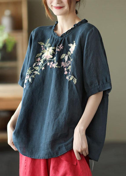 Navy Ruffled Embroideried Summer Linen Shirt