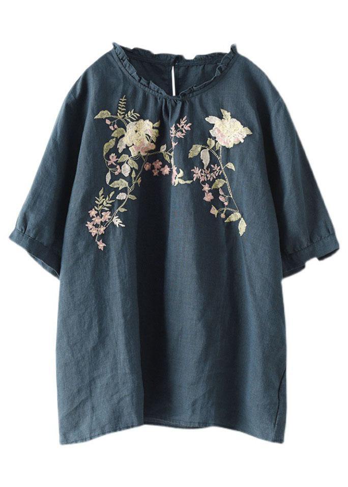 Navy Ruffled Embroideried Summer Linen Shirt