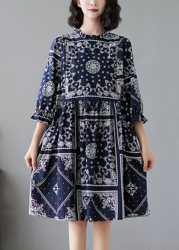 Navy Ruffled Print Linen Dresses Half Sleeve
