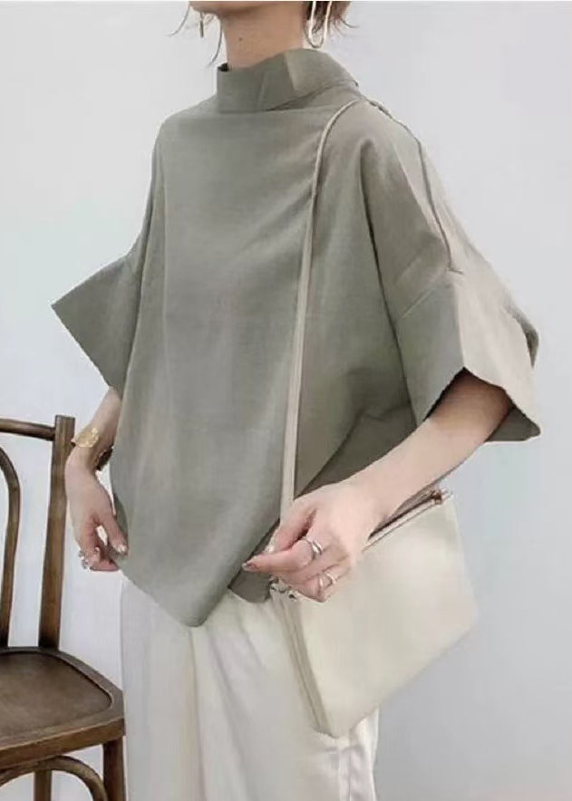 Navy Stand Collar Cotton Shirt Batwing Sleeve