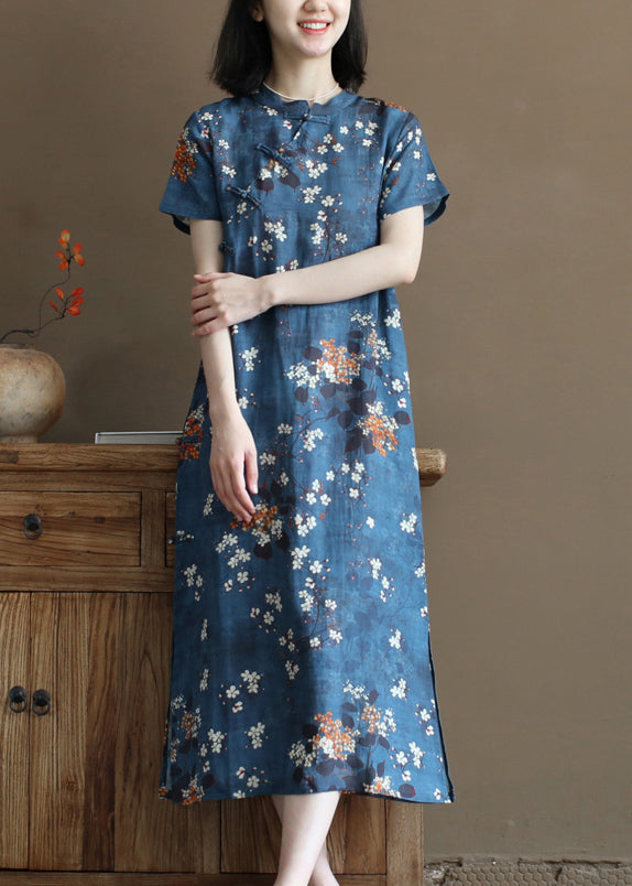 Navy Stand Collar Print Oriental Button Linen Chinese Style Dress Short Sleeve