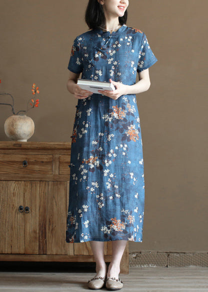 Navy Stand Collar Print Oriental Button Linen Chinese Style Dress Short Sleeve