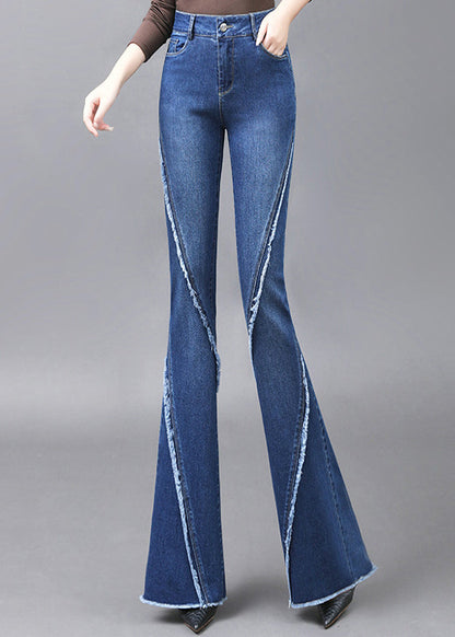 Navy Tassel Pockets Patchwork Denim Flared Trousers Spring