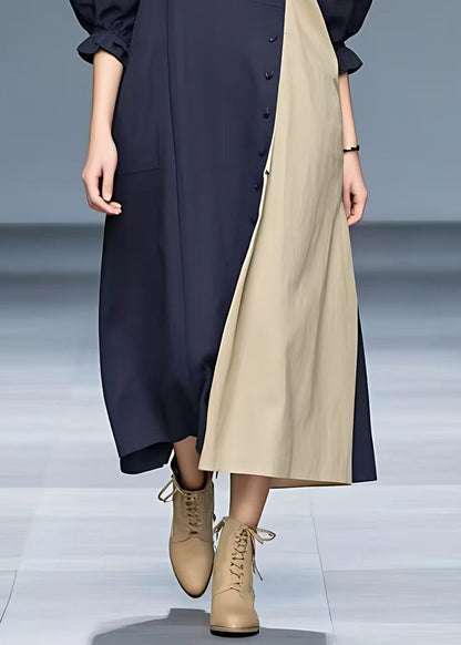 Navy Turtleneck Patchwork Cotton Long Dresses Half Sleeve