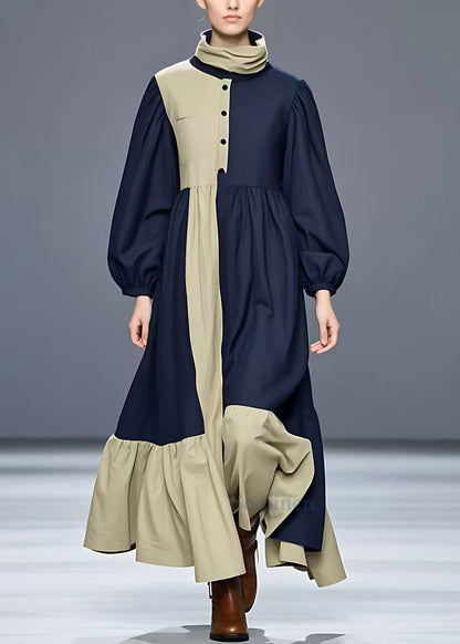 Navy Turtleneck Patchwork Cotton Maxi Dress Long Sleeve