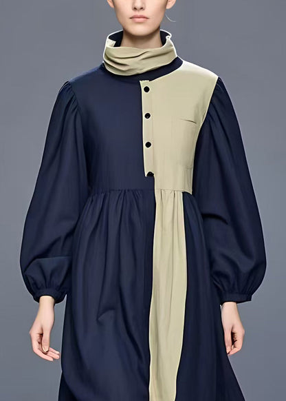 Navy Turtleneck Patchwork Cotton Maxi Dress Long Sleeve