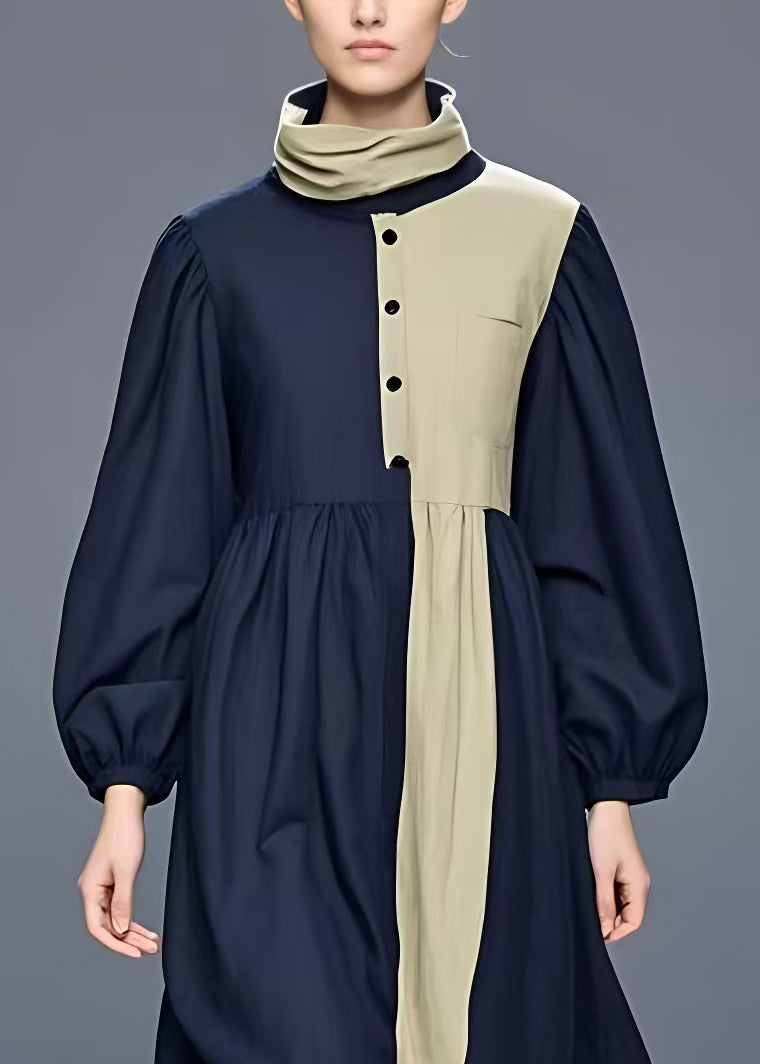 Navy Turtleneck Patchwork Cotton Maxi Dress Long Sleeve