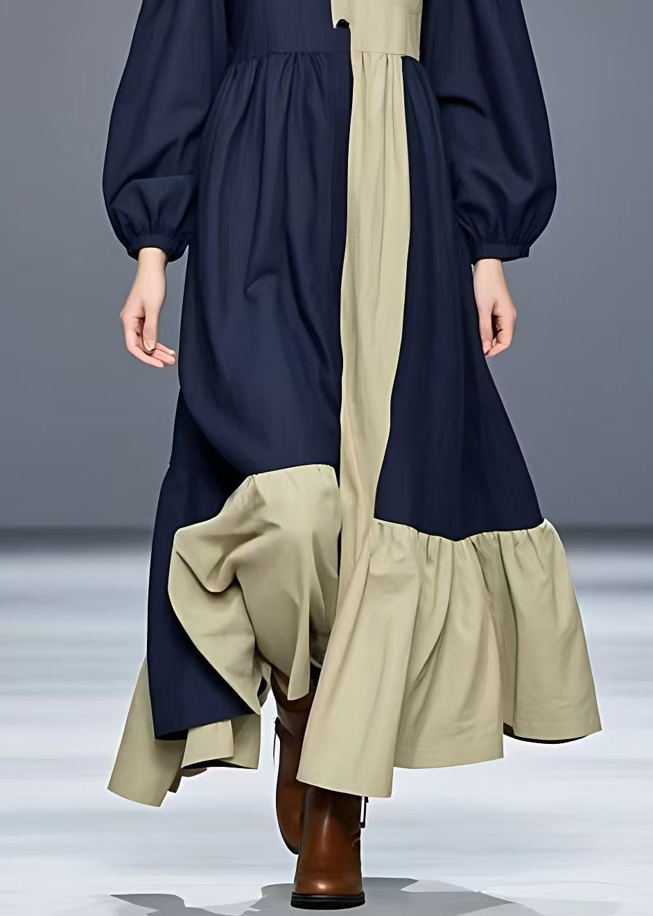 Navy Turtleneck Patchwork Cotton Maxi Dress Long Sleeve