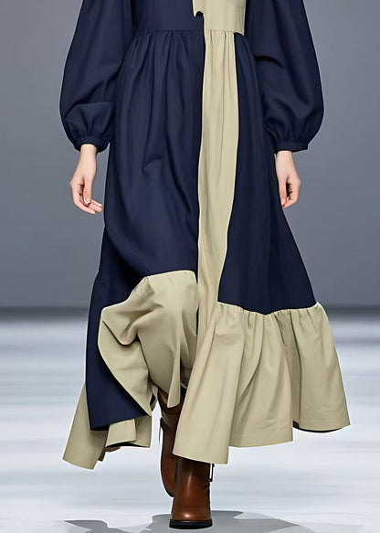 Navy Turtleneck Patchwork Cotton Maxi Dress Long Sleeve
